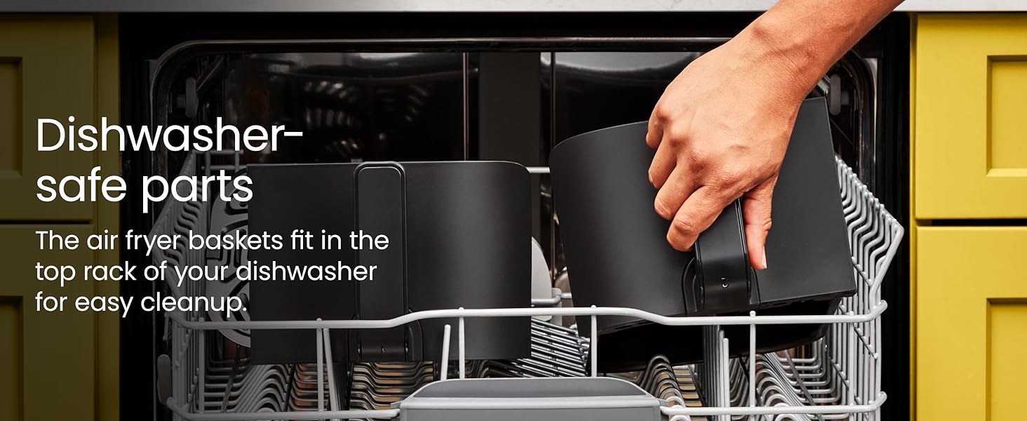 The air fryer baskets fit in the top rack of your dishwasher for easy cleanup