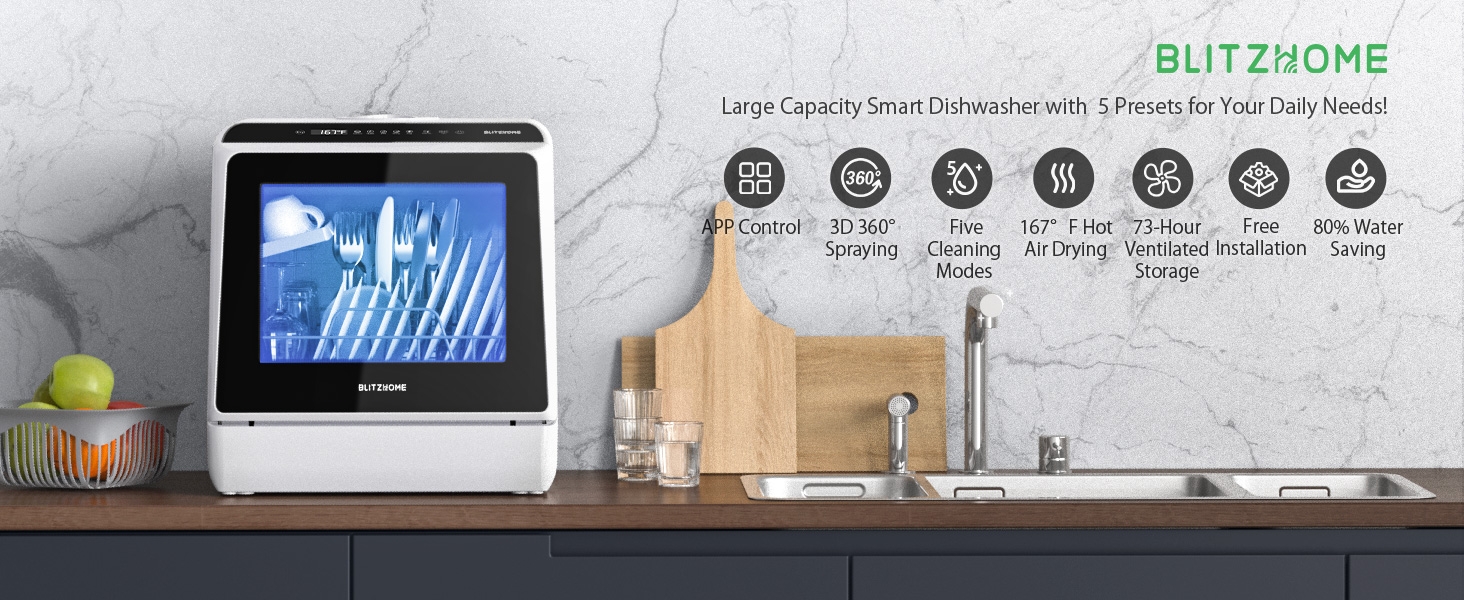 BLITZHOME Large Capacity Smart Dishwasher with 5 Presets for Your Daily Needs!