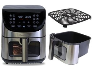 Kenmore air fryer with the non-stick dishwasher-safe basket and grill plate beside it
