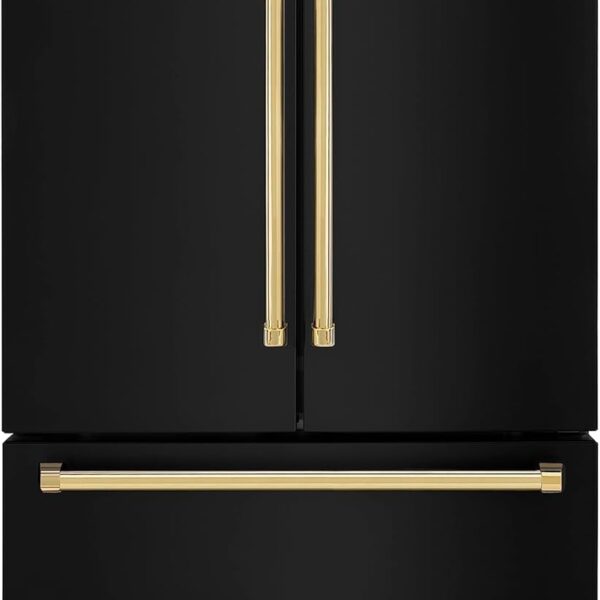 ZLINE Autograph Edition 36 in. 22.5 cu. ft. Counter-Depth French Door Refrigerator with Ice Maker in Fingerprint-Resistant Black Stainless Steel with Polished Gold Traditional Handles (RFMZ-36-BS-G)