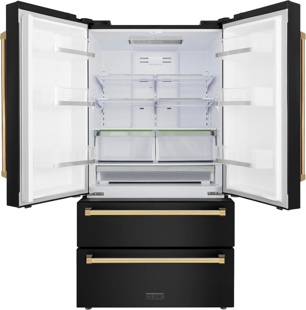 ZLINE Autograph Edition 36 in. 22.5 cu. ft. Counter-Depth French Door Refrigerator with Ice Maker in Fingerprint-Resistant Black Stainless Steel with Polished Gold Traditional Handles (RFMZ-36-BS-G) - Image 4