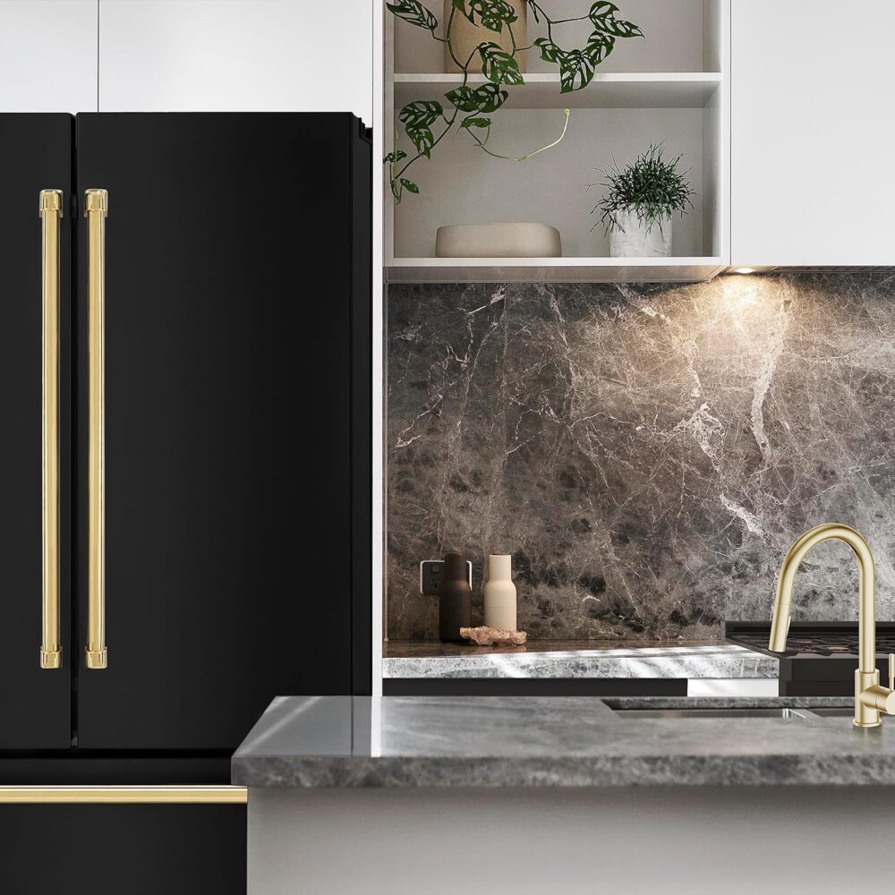 ZLINE Autograph Edition 36 in. 22.5 cu. ft. Counter-Depth French Door Refrigerator with Ice Maker in Fingerprint-Resistant Black Stainless Steel with Polished Gold Traditional Handles (RFMZ-36-BS-G) - Image 5