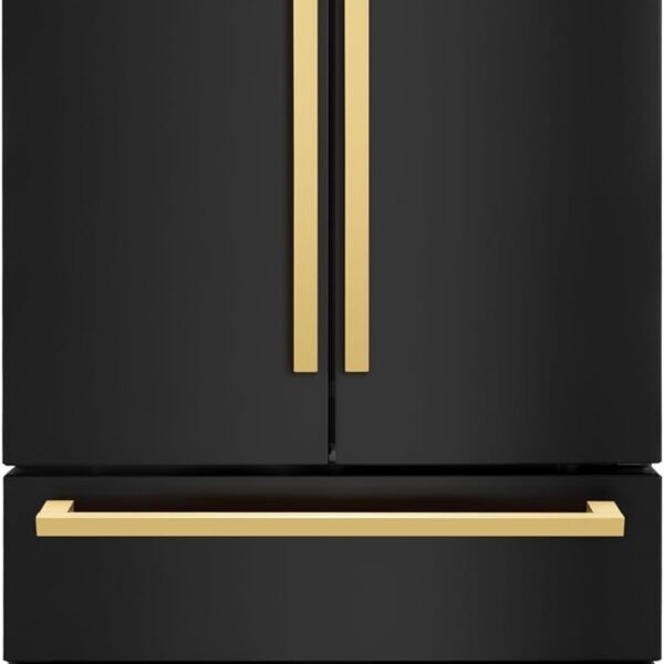 ZLINE Autograph Edition 36 in. 22.5 cu. ft. Counter-Depth French Door Refrigerator with Ice Maker in Fingerprint-Resistant Black Stainless Steel and Polished Gold Modern Handles (RFMZ-36-BS-FG)