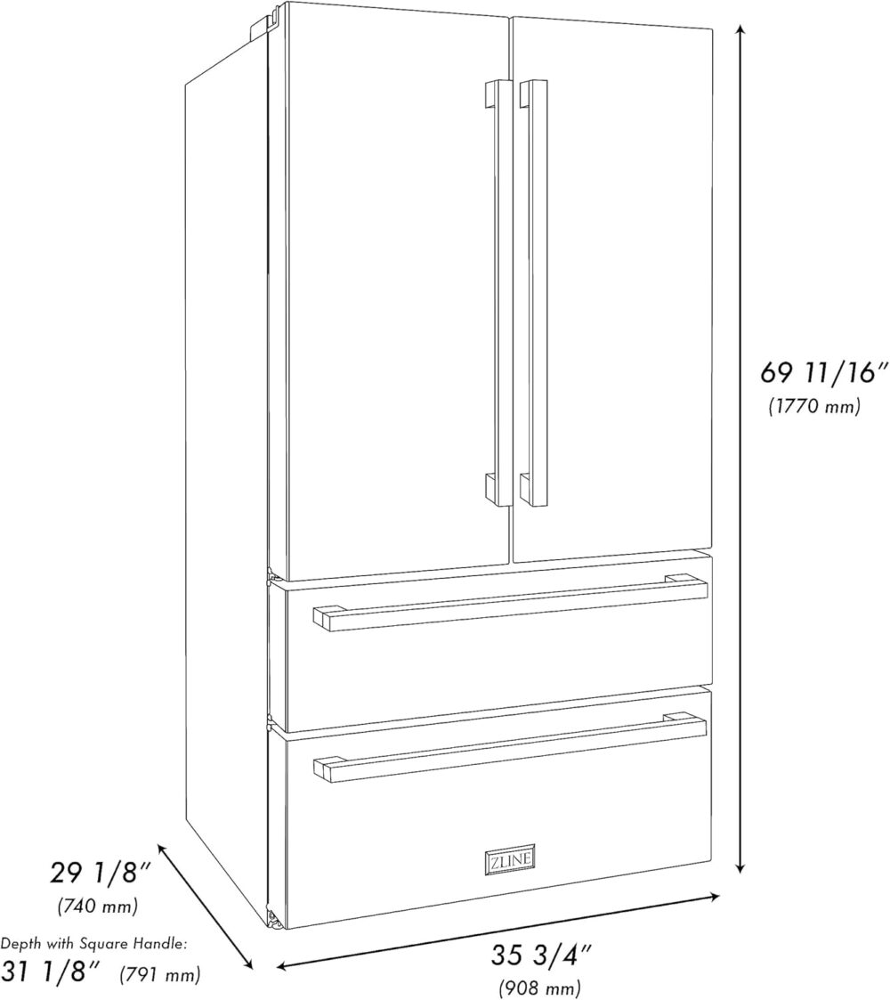 ZLINE Autograph Edition 36 in. 22.5 cu. ft. Counter-Depth French Door Refrigerator with Ice Maker in Fingerprint-Resistant Black Stainless Steel and Polished Gold Modern Handles (RFMZ-36-BS-FG) - Image 3