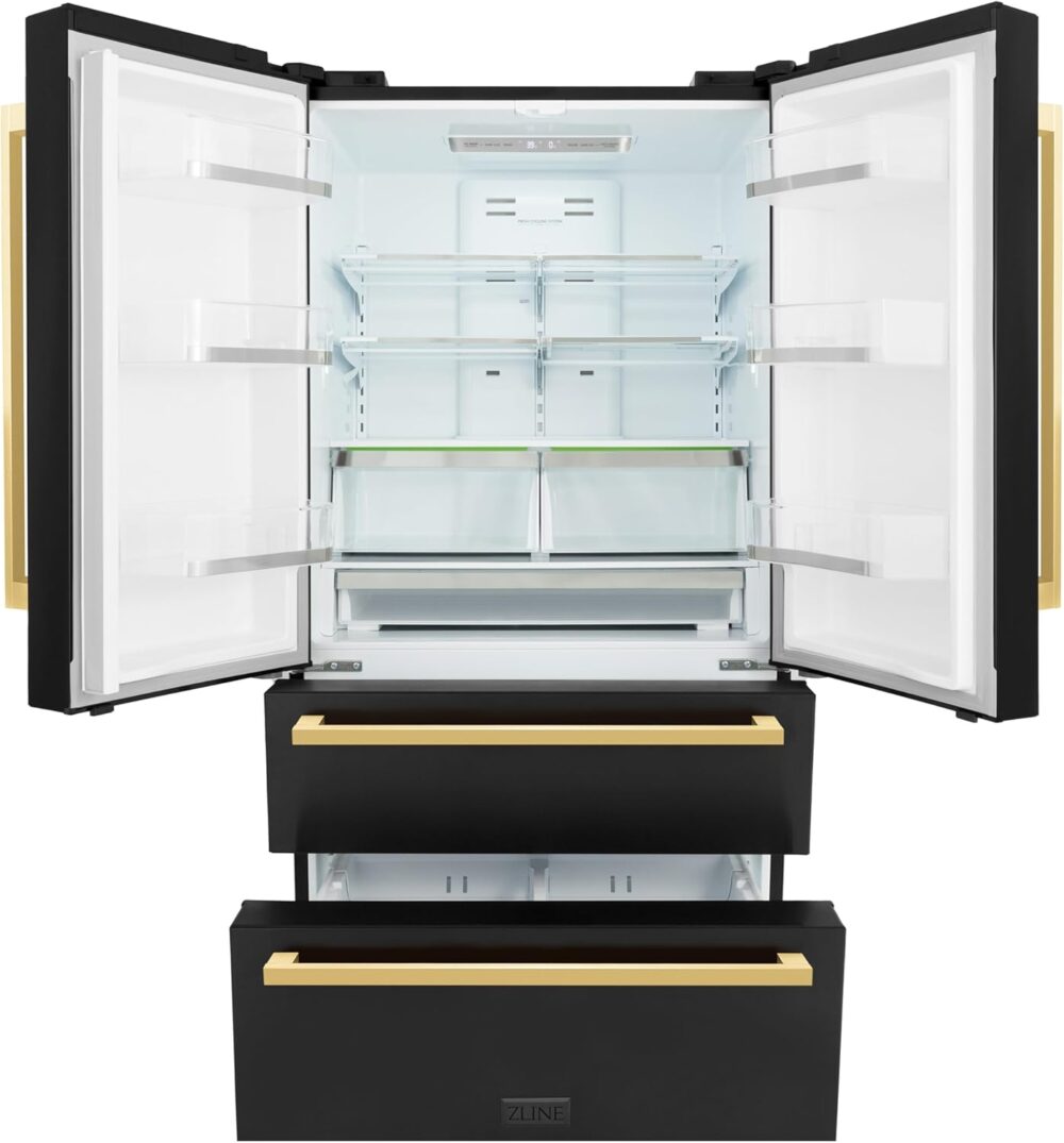 ZLINE Autograph Edition 36 in. 22.5 cu. ft. Counter-Depth French Door Refrigerator with Ice Maker in Fingerprint-Resistant Black Stainless Steel and Polished Gold Modern Handles (RFMZ-36-BS-FG) - Image 5