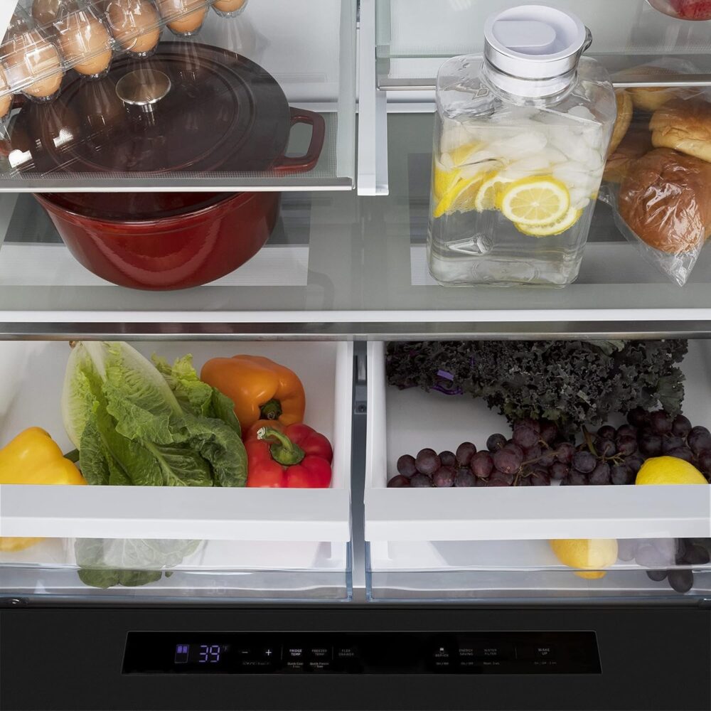 ZLINE Autograph Edition 36 in. 22.5 cu. ft. Counter-Depth French Door Refrigerator with Ice Maker in Fingerprint-Resistant Black Stainless Steel and Polished Gold Modern Handles (RFMZ-36-BS-FG) - Image 6