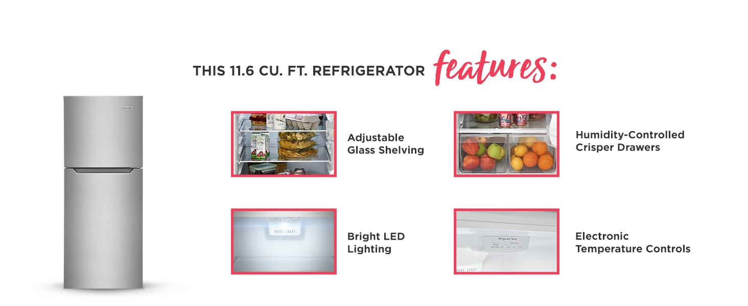 Refrigerator features glass shelving, crisper drawers, LED lighting, and electronic controls