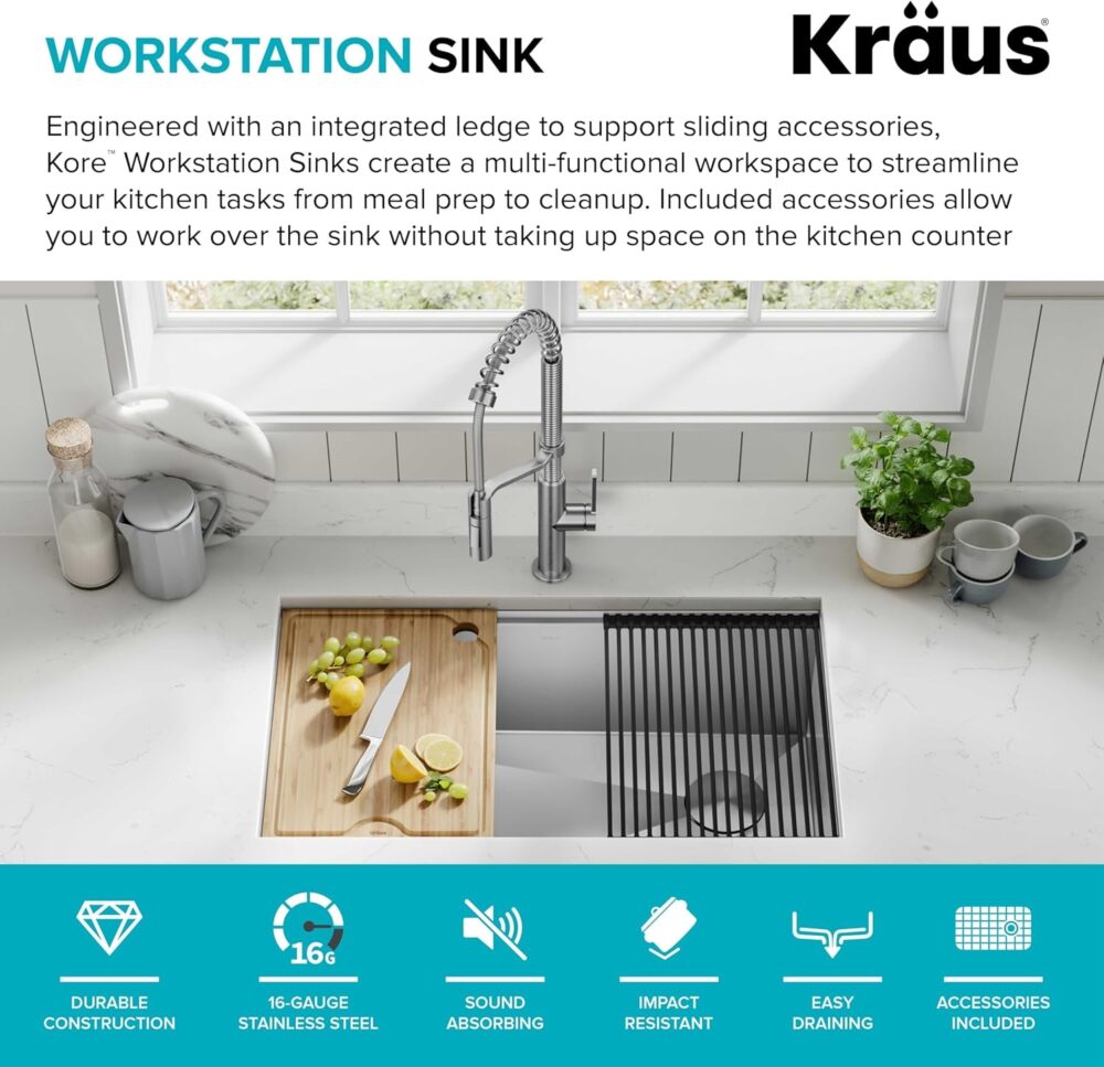 KRAUS Kore 32-Inch Undermount Workstation 16 Gauge Single Bowl Stainless Steel Kitchen Sink with Accessories, KWU110-32 - Image 4