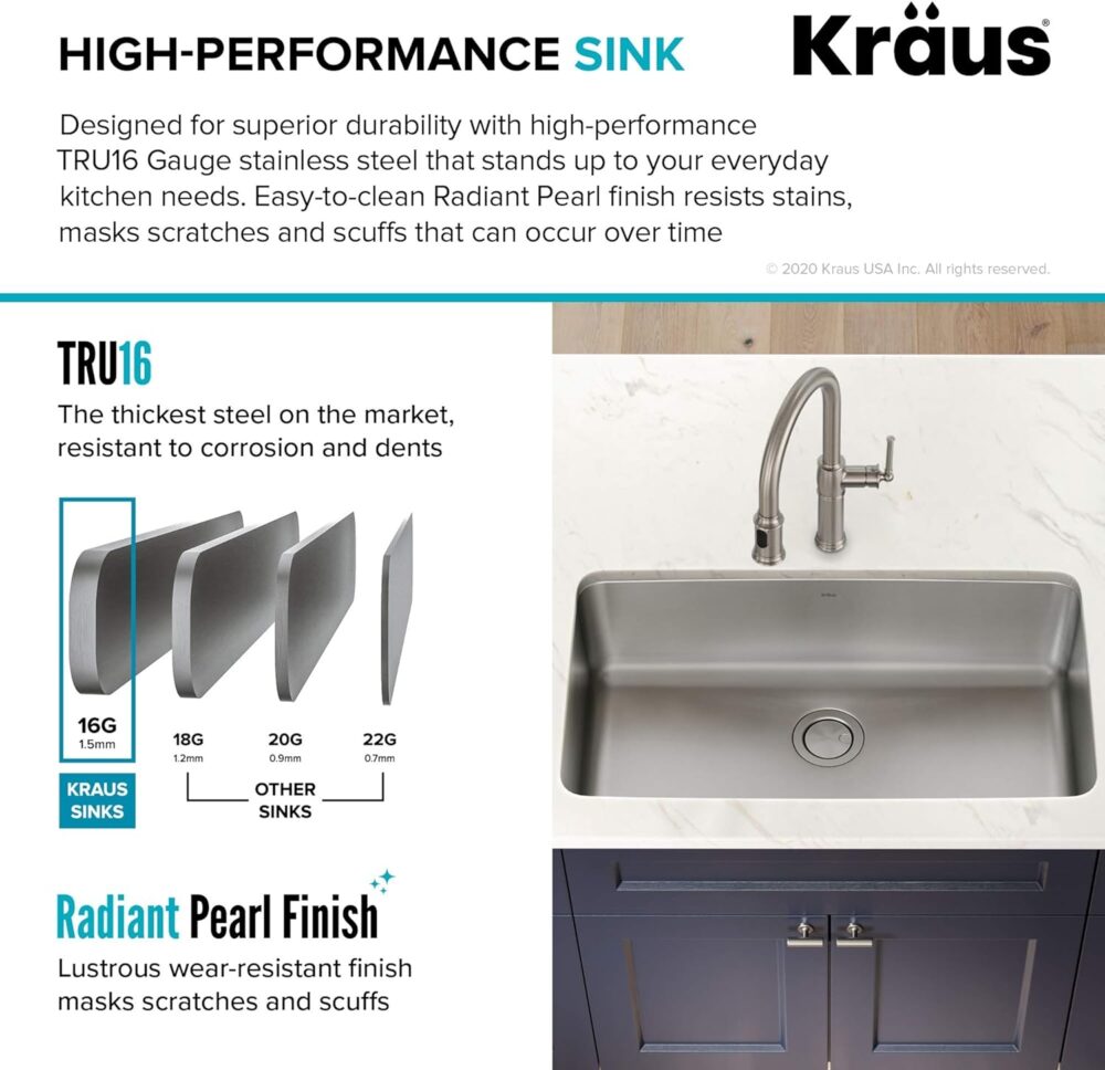 KRAUS Dex 33-inch Undermount 16 Gauge Stainless Steel Single Bowl Kitchen Sink, KA1US33B - Image 5