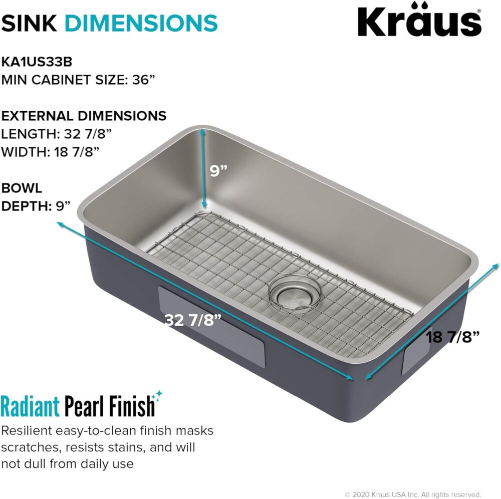 KRAUS Dex 33-inch Undermount 16 Gauge Stainless Steel Single Bowl Kitchen Sink, KA1US33B - Image 6