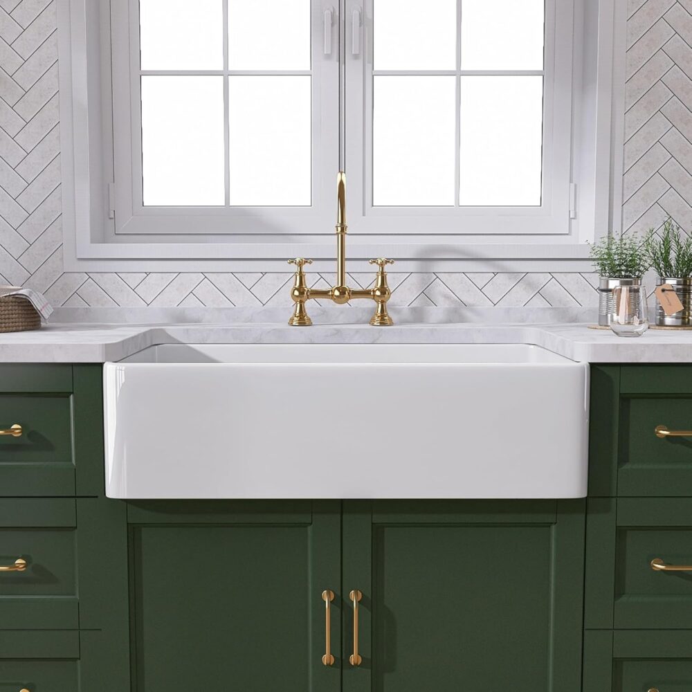 TUKTUK White Farmhouse Sink 30 inch Farm Sink Fireclay Apron Front Single Bowl Kitchen Sinks Deep Drop In Undermount Reversible Heavy Duty Easy-to-Clean Kitchen Basin with Luxury Modern Accessory Kit
