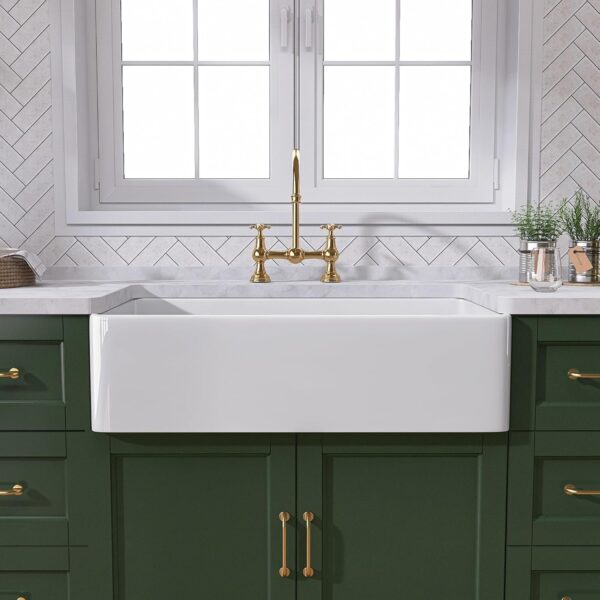 TUKTUK White Farmhouse Sink 30 inch Farm Sink Fireclay Apron Front Single Bowl Kitchen Sinks Deep Drop In Undermount Reversible Heavy Duty Easy-to-Clean Kitchen Basin with Luxury Modern Accessory Kit
