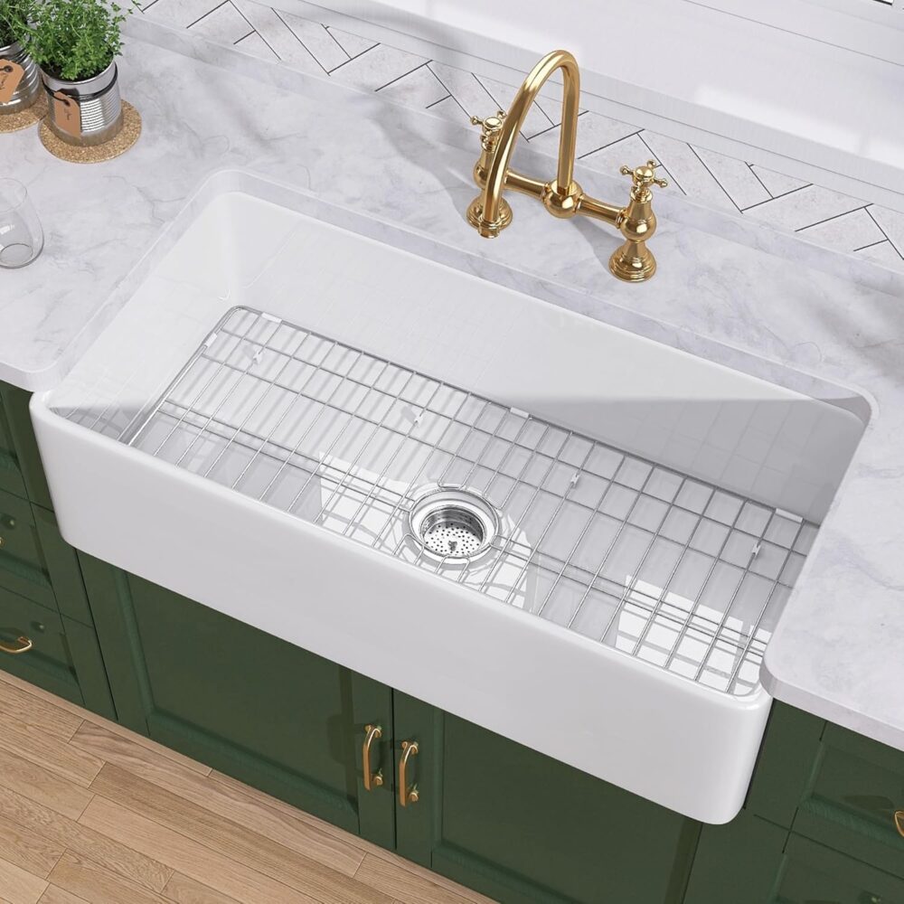 TUKTUK White Farmhouse Sink 30 inch Farm Sink Fireclay Apron Front Single Bowl Kitchen Sinks Deep Drop In Undermount Reversible Heavy Duty Easy-to-Clean Kitchen Basin with Luxury Modern Accessory Kit - Image 2