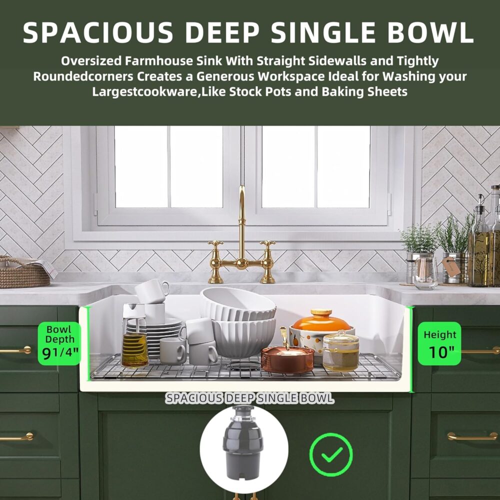 TUKTUK White Farmhouse Sink 30 inch Farm Sink Fireclay Apron Front Single Bowl Kitchen Sinks Deep Drop In Undermount Reversible Heavy Duty Easy-to-Clean Kitchen Basin with Luxury Modern Accessory Kit - Image 5