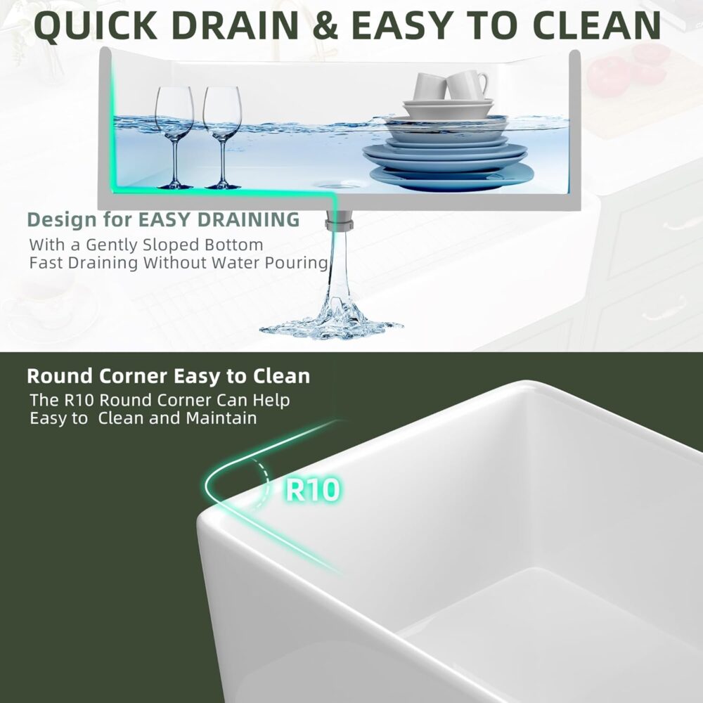TUKTUK White Farmhouse Sink 30 inch Farm Sink Fireclay Apron Front Single Bowl Kitchen Sinks Deep Drop In Undermount Reversible Heavy Duty Easy-to-Clean Kitchen Basin with Luxury Modern Accessory Kit - Image 7