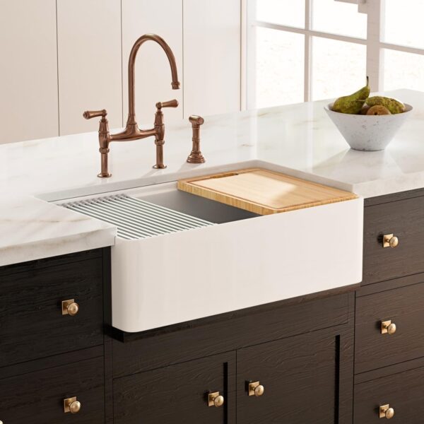 Farmhouse Sink 33 Inch, Los Flexi 33"W x 20"D Farm Workstation Sink, Fireclay Kitchen Sink White with Drying Rack, Cutting Board and Drain Strainer, Reversible Installation