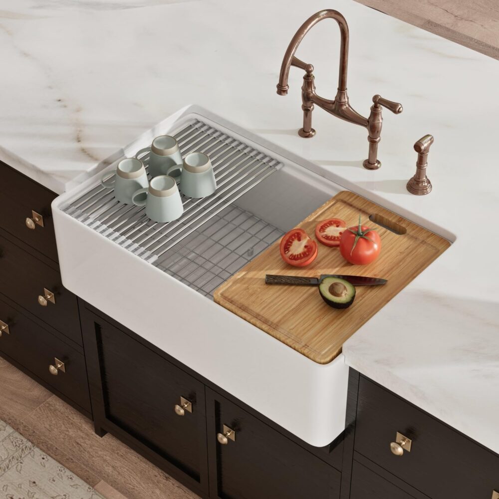 Farmhouse Sink 33 Inch, Los Flexi 33"W x 20"D Farm Workstation Sink, Fireclay Kitchen Sink White with Drying Rack, Cutting Board and Drain Strainer, Reversible Installation - Image 2