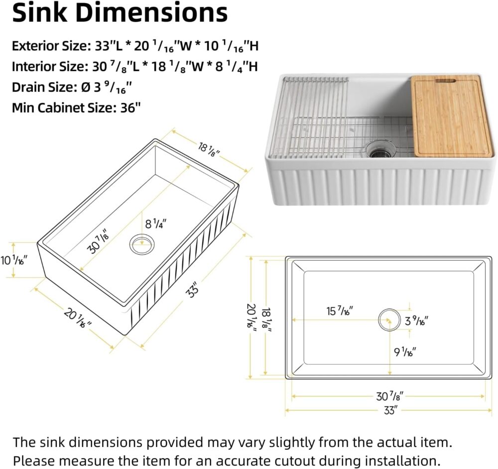 Farmhouse Sink 33 Inch, Los Flexi 33"W x 20"D Farm Workstation Sink, Fireclay Kitchen Sink White with Drying Rack, Cutting Board and Drain Strainer, Reversible Installation - Image 3