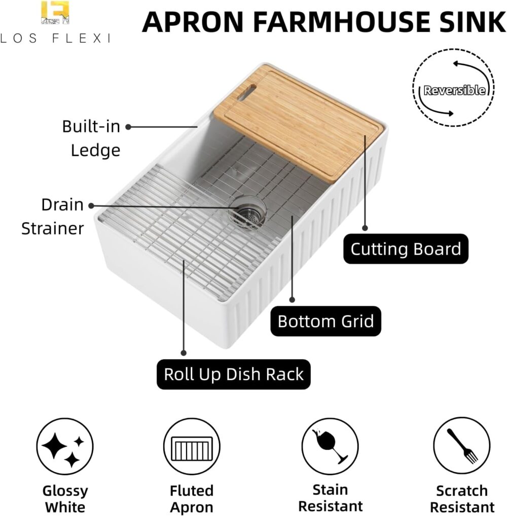 Farmhouse Sink 33 Inch, Los Flexi 33"W x 20"D Farm Workstation Sink, Fireclay Kitchen Sink White with Drying Rack, Cutting Board and Drain Strainer, Reversible Installation - Image 4