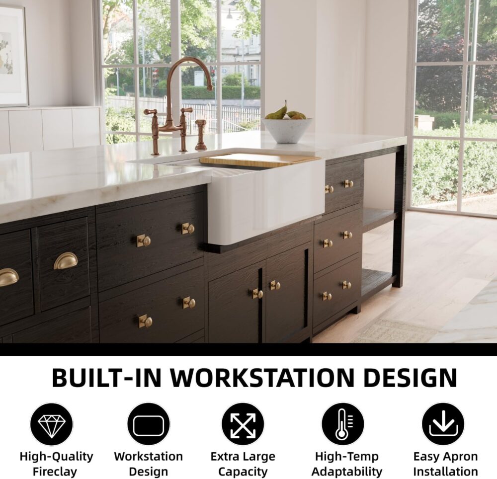 Farmhouse Sink 33 Inch, Los Flexi 33"W x 20"D Farm Workstation Sink, Fireclay Kitchen Sink White with Drying Rack, Cutting Board and Drain Strainer, Reversible Installation - Image 5