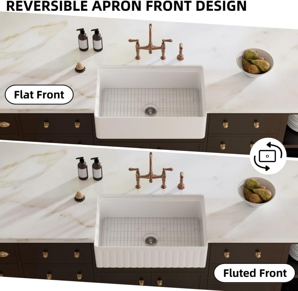 Farmhouse Sink 33 Inch, Los Flexi 33"W x 20"D Farm Workstation Sink, Fireclay Kitchen Sink White with Drying Rack, Cutting Board and Drain Strainer, Reversible Installation - Image 6
