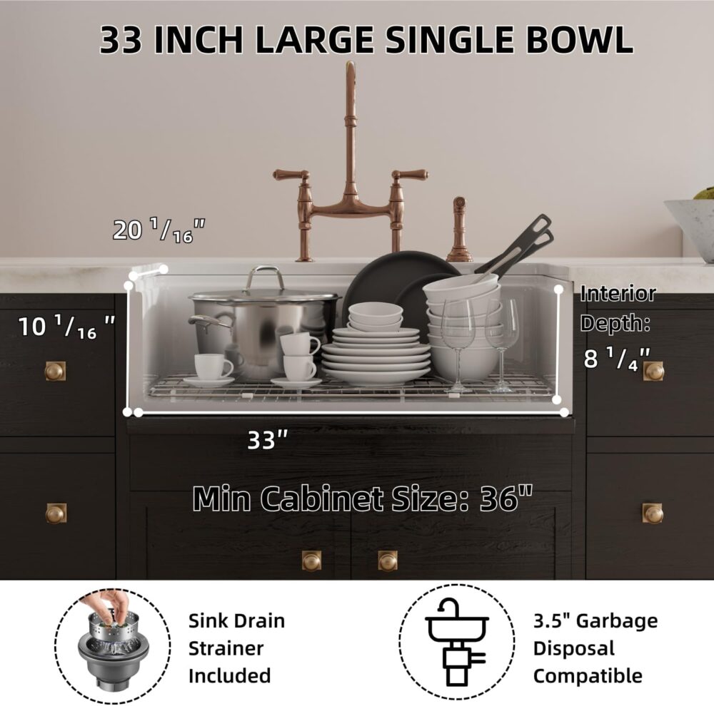 Farmhouse Sink 33 Inch, Los Flexi 33"W x 20"D Farm Workstation Sink, Fireclay Kitchen Sink White with Drying Rack, Cutting Board and Drain Strainer, Reversible Installation - Image 7