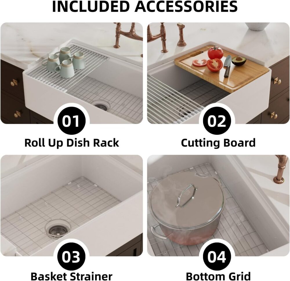 Farmhouse Sink 33 Inch, Los Flexi 33"W x 20"D Farm Workstation Sink, Fireclay Kitchen Sink White with Drying Rack, Cutting Board and Drain Strainer, Reversible Installation - Image 8