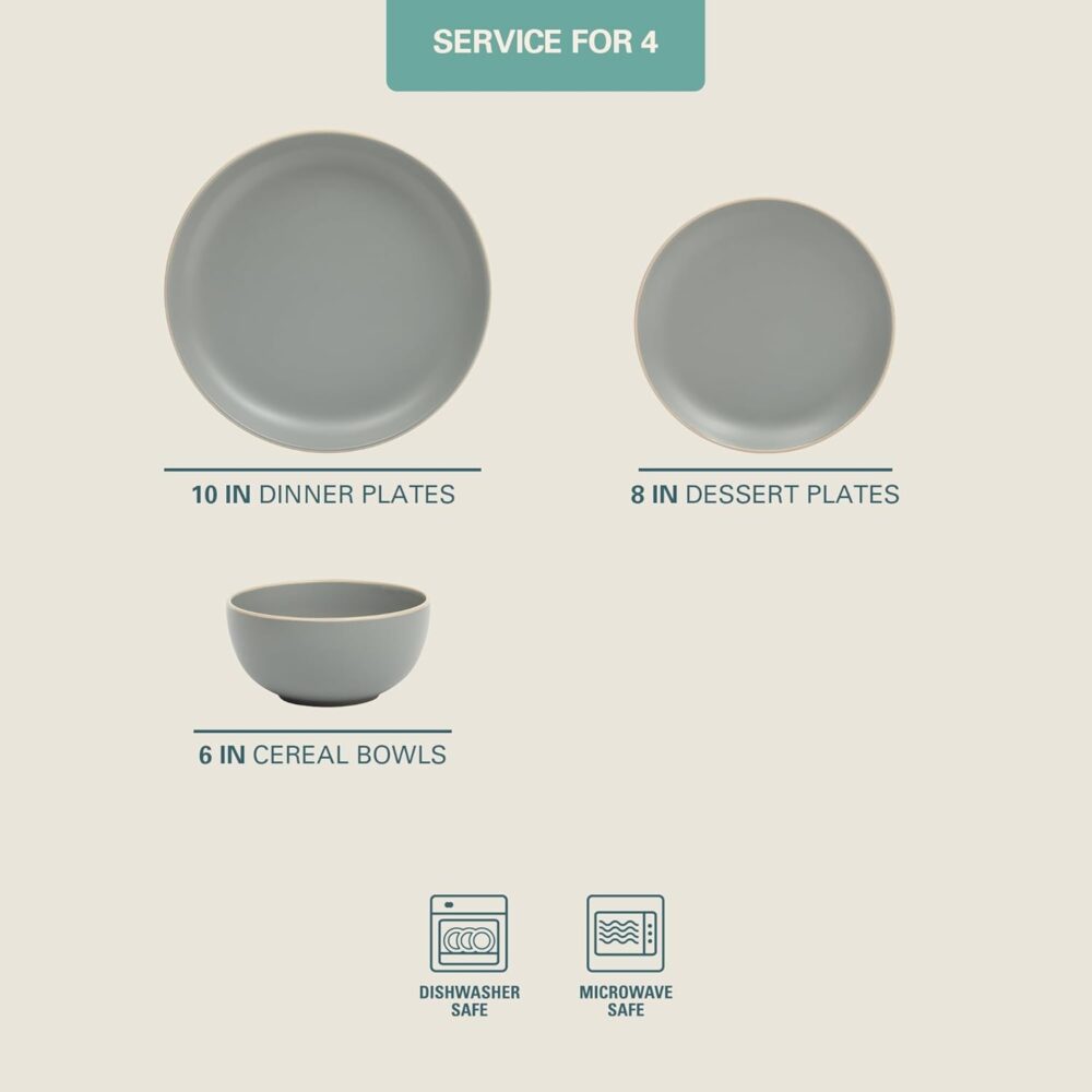 Gibson Home Rockaway 12-Piece Dinnerware Set Service for 4, Grey Matte - - Image 3