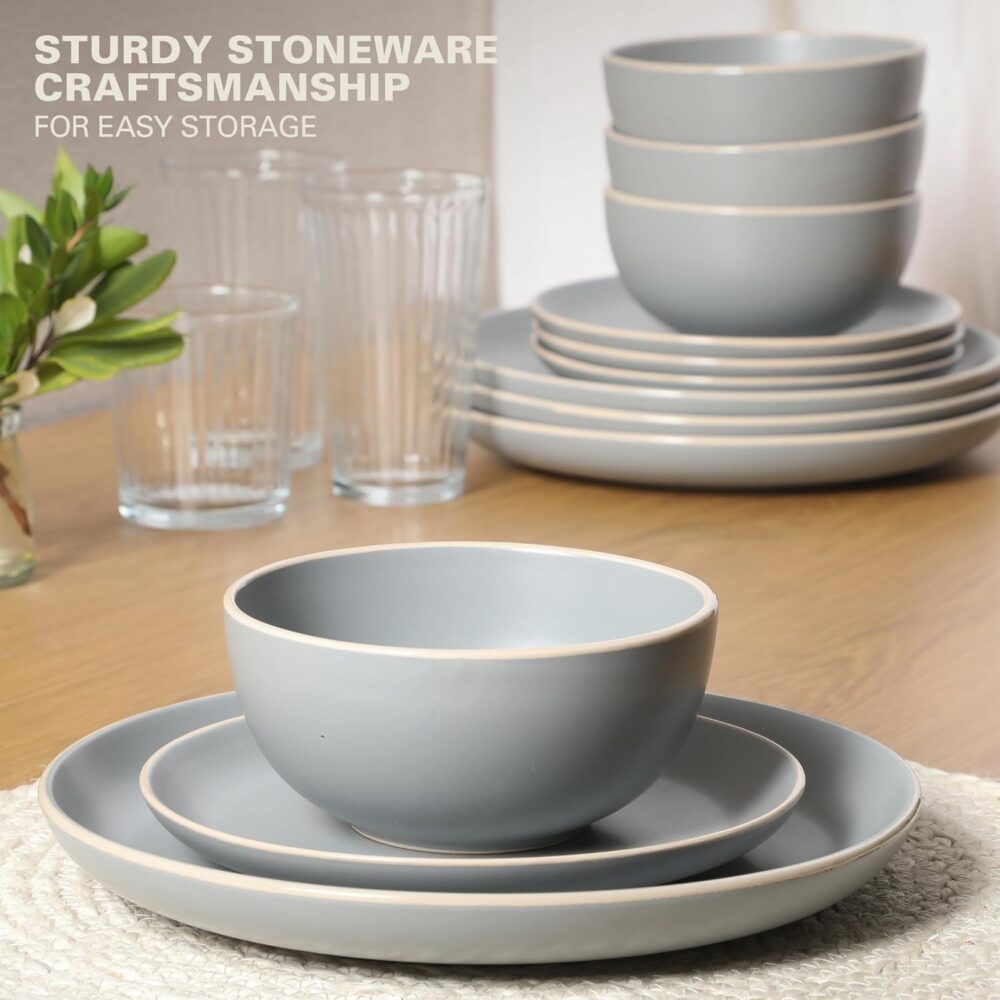 Gibson Home Rockaway 12-Piece Dinnerware Set Service for 4, Grey Matte - - Image 5