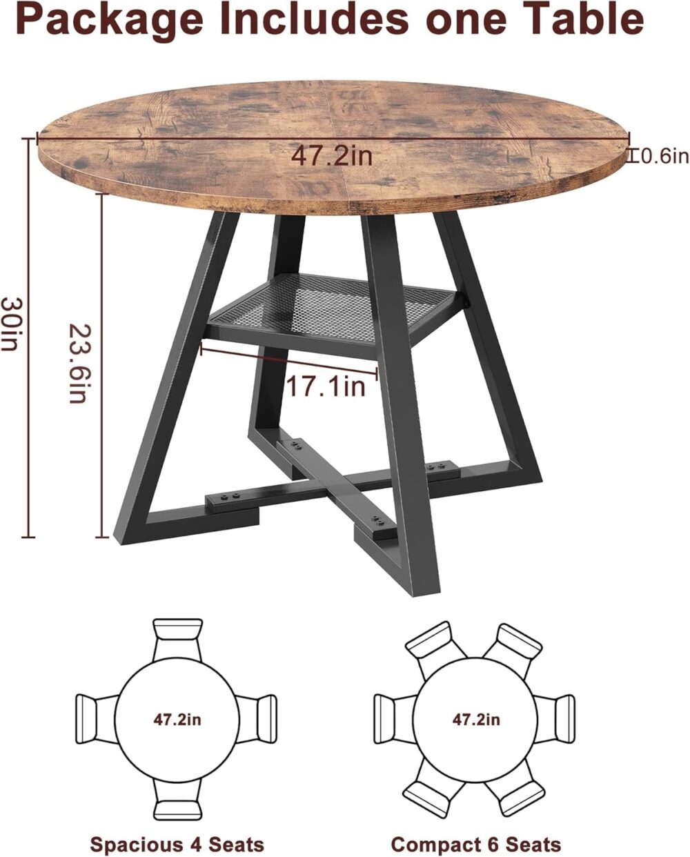 Round Dining Table for 4,Kitchen Dining Room Circle Dinner Pedestal Table,Space Saving Wood Kitchen & Dining Room Furniture (Vintage, 47In) - Image 2