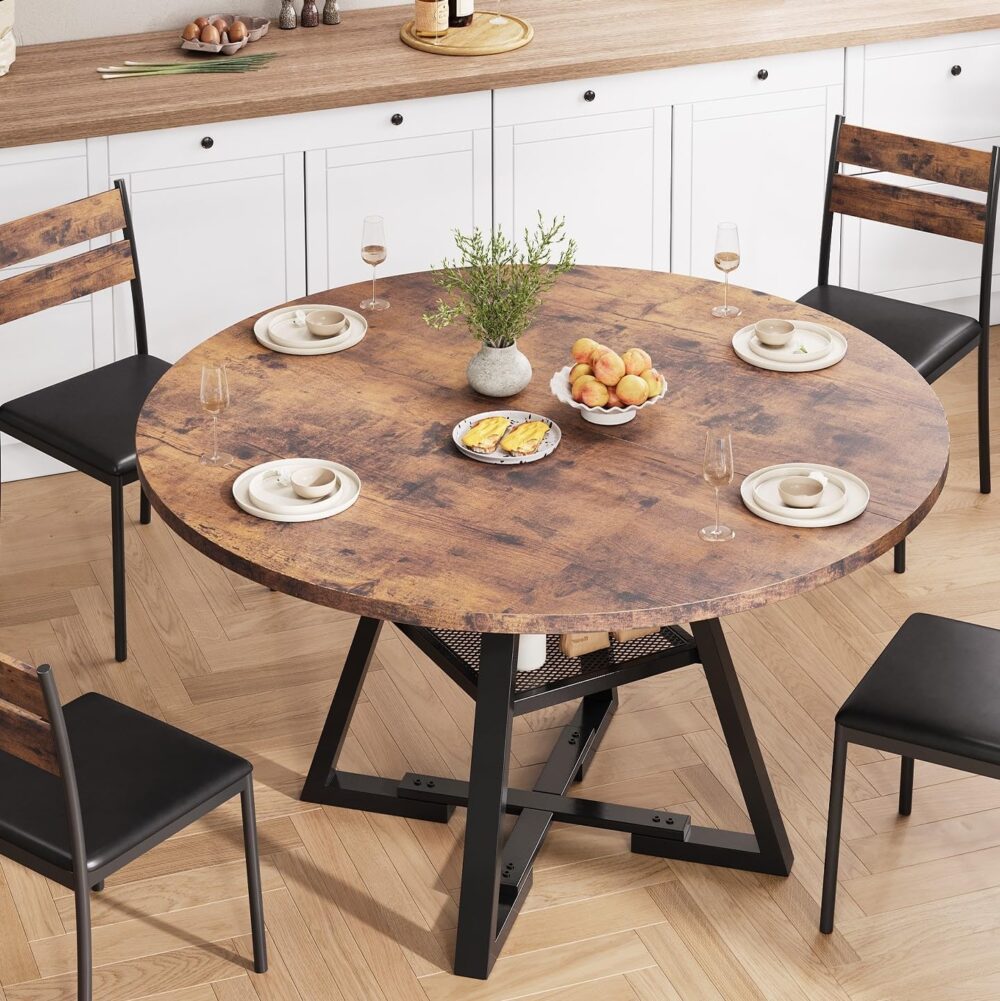 Round Dining Table for 4,Kitchen Dining Room Circle Dinner Pedestal Table,Space Saving Wood Kitchen & Dining Room Furniture (Vintage, 47In) - Image 3