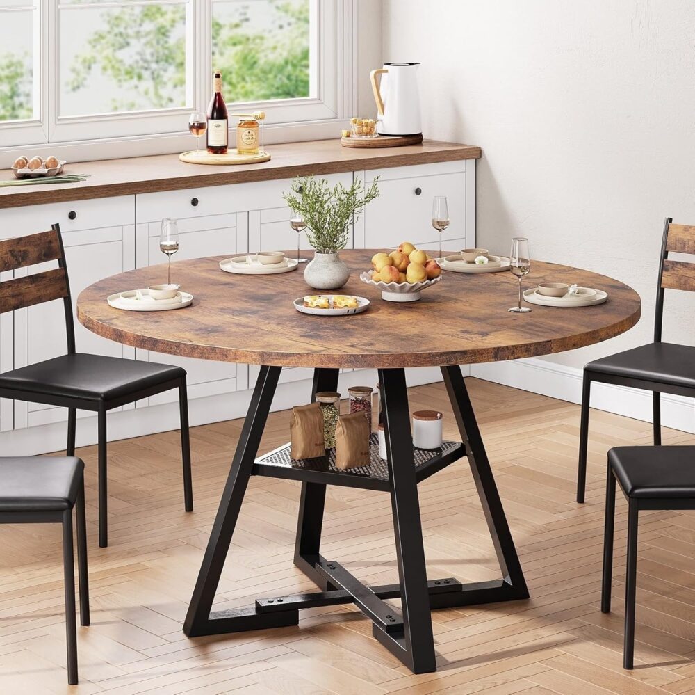 Round Dining Table for 4,Kitchen Dining Room Circle Dinner Pedestal Table,Space Saving Wood Kitchen & Dining Room Furniture (Vintage, 47In) - Image 4