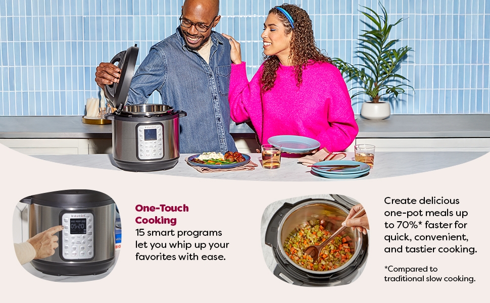 Multi-Cooker with happy couple and a plate of food beside it. Text highlights key features.