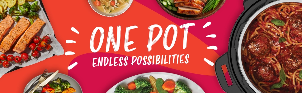 Colorful dishes surround the text “One Pot Endless Possibilities”