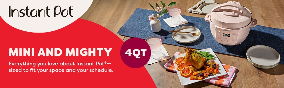 four quart rio mini on table with food on plate in front of it copy highlights mini and mighty