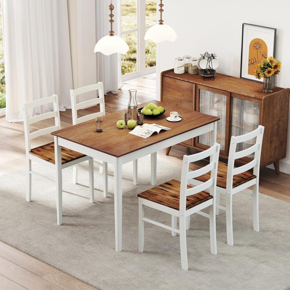 NAFORT Dining Table Set for 4, Solid Wood Kitchen Table and Chairs, Farmhouse Dinette Set w/Apron, Rubber Wood Legs, Mid-Century Modern Dining Room Table and 4 Chairs for Kitchen, Restaurant
