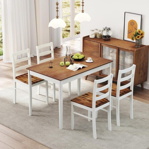 NAFORT Dining Table Set for 4, Solid Wood Kitchen Table and Chairs, Farmhouse Dinette Set w/Apron, Rubber Wood Legs, Mid-Century Modern Dining Room Table and 4 Chairs for Kitchen, Restaurant