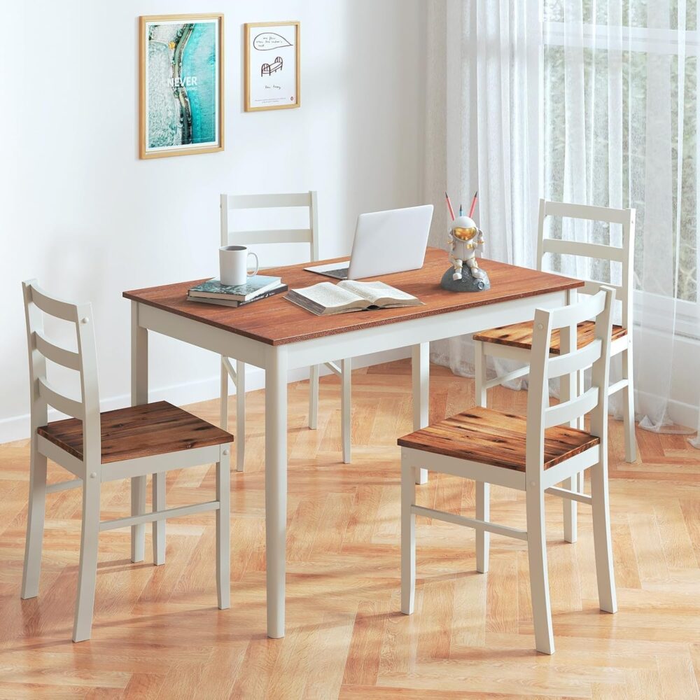 NAFORT Dining Table Set for 4, Solid Wood Kitchen Table and Chairs, Farmhouse Dinette Set w/Apron, Rubber Wood Legs, Mid-Century Modern Dining Room Table and 4 Chairs for Kitchen, Restaurant - Image 7