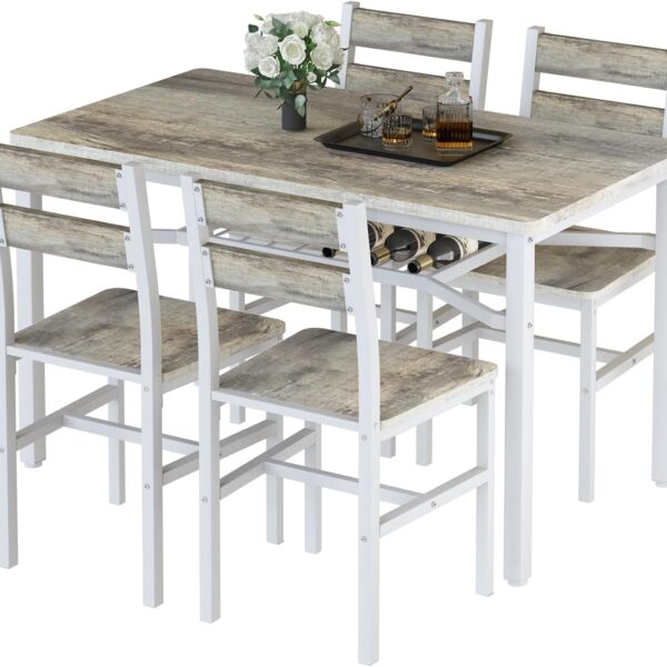 Hooseng Dining Table Set for 4, Wood Kitchen Table Chairs Set with Storage, Farmhouse 5 Piece Dining Room Table Set, Space-Saving Dinette Set for Breakfast Nook, Apartment