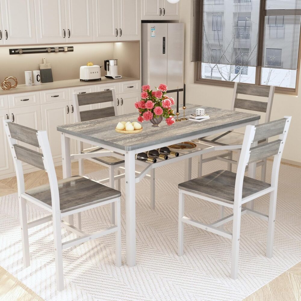 Hooseng Dining Table Set for 4, Wood Kitchen Table Chairs Set with Storage, Farmhouse 5 Piece Dining Room Table Set, Space-Saving Dinette Set for Breakfast Nook, Apartment - Image 2