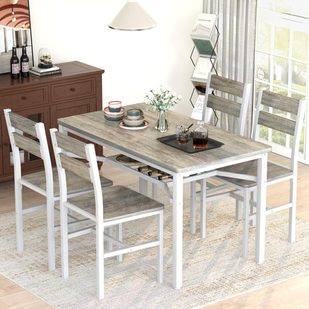 Hooseng Dining Table Set for 4, Wood Kitchen Table Chairs Set with Storage, Farmhouse 5 Piece Dining Room Table Set, Space-Saving Dinette Set for Breakfast Nook, Apartment - Image 6