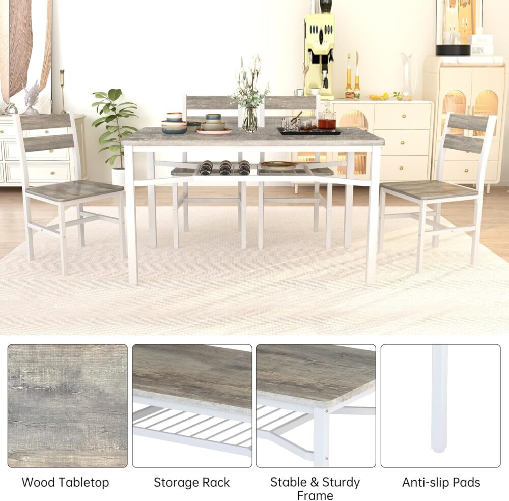 Hooseng Dining Table Set for 4, Wood Kitchen Table Chairs Set with Storage, Farmhouse 5 Piece Dining Room Table Set, Space-Saving Dinette Set for Breakfast Nook, Apartment - Image 7