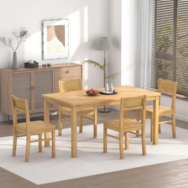 Solid Wood Dining Table Set for 4, 43.3" Dining Table with Chairs Set, Kitchen Dining Table Set with Woven Rattan Backs, Farmhouse Solid Wood Table and Chairs, Natural