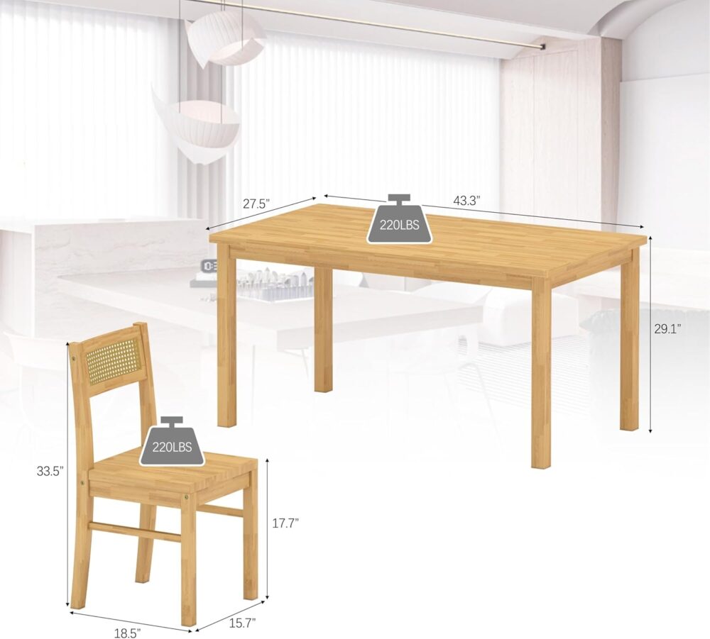 Solid Wood Dining Table Set for 4, 43.3" Dining Table with Chairs Set, Kitchen Dining Table Set with Woven Rattan Backs, Farmhouse Solid Wood Table and Chairs, Natural - Image 2
