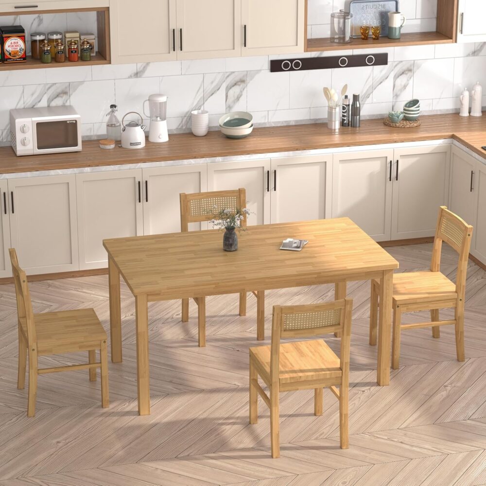 Solid Wood Dining Table Set for 4, 43.3" Dining Table with Chairs Set, Kitchen Dining Table Set with Woven Rattan Backs, Farmhouse Solid Wood Table and Chairs, Natural - Image 3