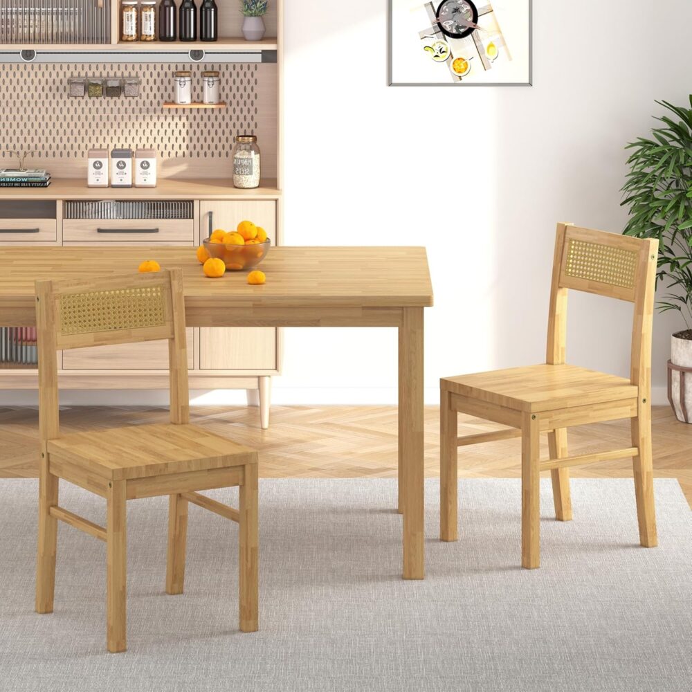 Solid Wood Dining Table Set for 4, 43.3" Dining Table with Chairs Set, Kitchen Dining Table Set with Woven Rattan Backs, Farmhouse Solid Wood Table and Chairs, Natural - Image 4