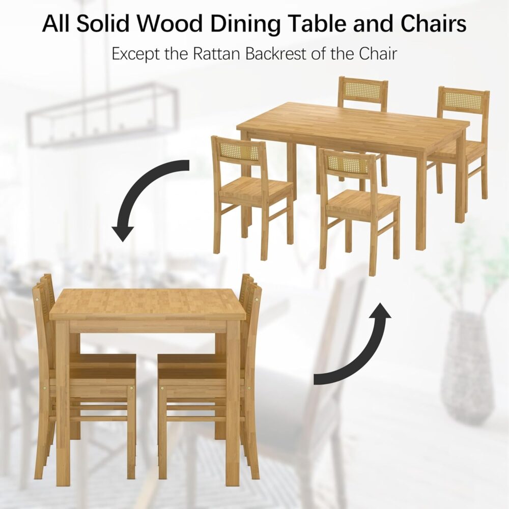 Solid Wood Dining Table Set for 4, 43.3" Dining Table with Chairs Set, Kitchen Dining Table Set with Woven Rattan Backs, Farmhouse Solid Wood Table and Chairs, Natural - Image 6