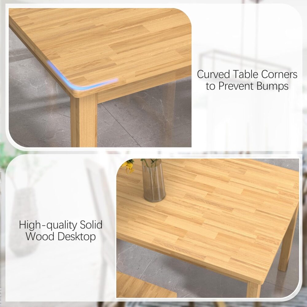 Solid Wood Dining Table Set for 4, 43.3" Dining Table with Chairs Set, Kitchen Dining Table Set with Woven Rattan Backs, Farmhouse Solid Wood Table and Chairs, Natural - Image 7