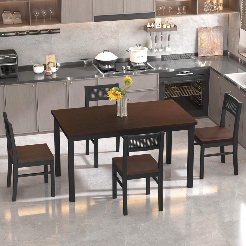 Solid Wood Dining Table Set for 4, 43.3" Dining Table with Chairs Set, Kitchen Dining Table Set with Woven Rattan Backs, Farmhouse Solid Wood Table and Chairs, Natural - Image 8