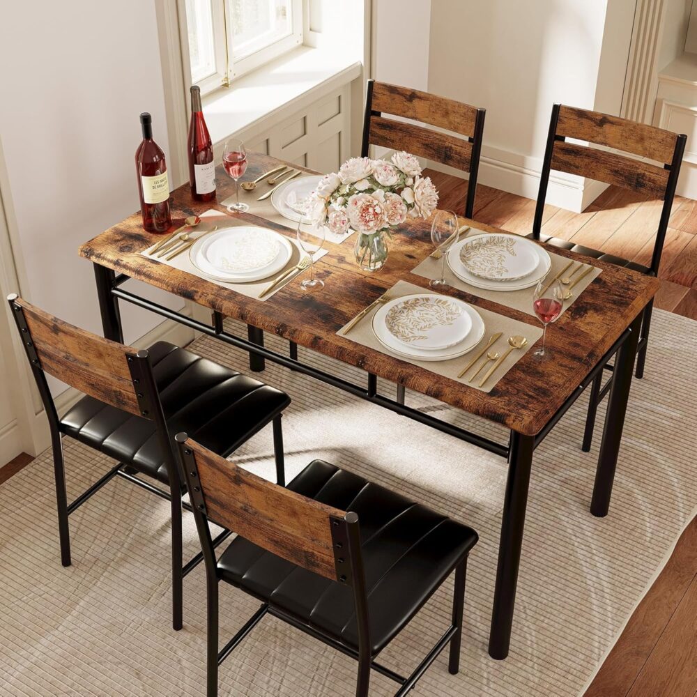 IRONCK Dining Table Set for 4, Wood Kitchen Table with Upholstered Chairs for Kitchen Room and Small Spaces, Rustic Brown - Image 2
